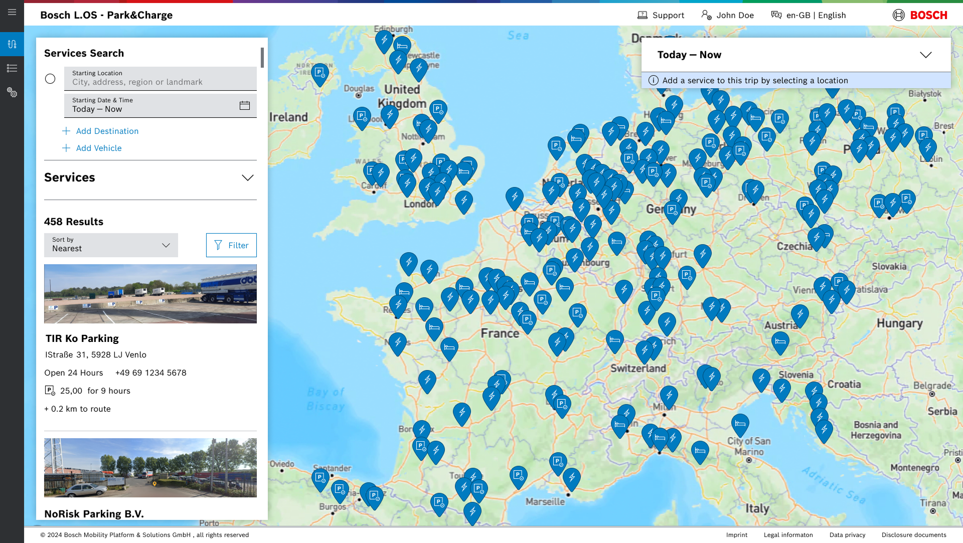 A map of central Europe with different blue markers with different icons symolizing services like hotels, parking, and charging.