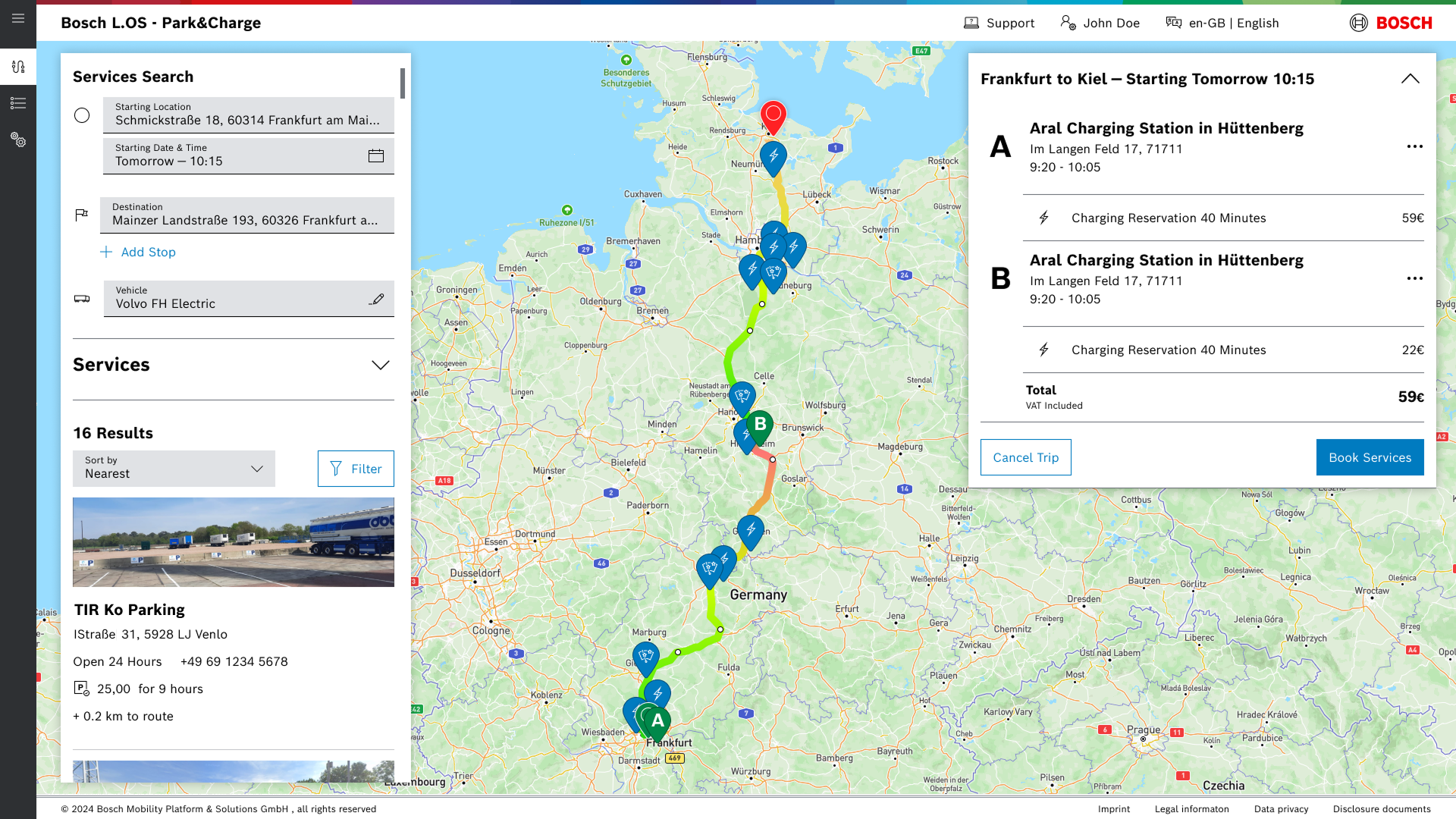 The same map over norther Germany but the route now shows when the vehicle will need to recharge.