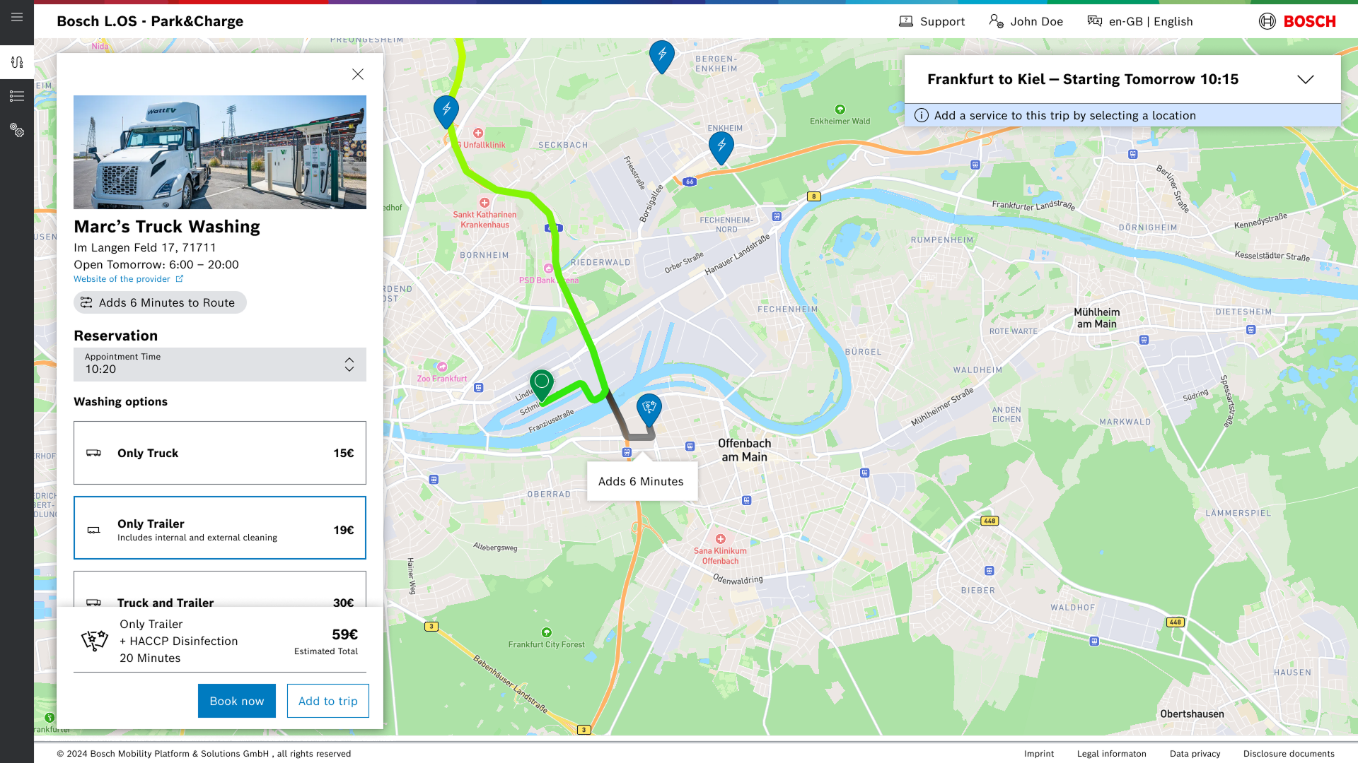 A zoomed in version of a map in Frankfurt of a truck washing station. There are options for how you want to wash your vehicle