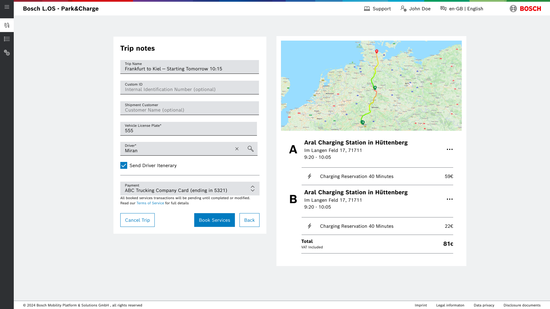 A final booking screen for two stops at a vehicle charging stations.